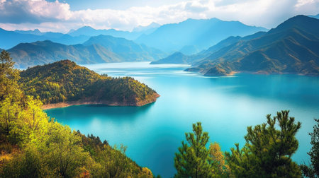 A breathtaking view of a serene mountain lake embraced by lush forests and rolling hills. The vibrant blue water reflects the stunning sky, creating a peaceful landscape ideal for nature lovers and adventure seekers.の素材