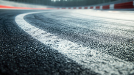 A close-up view of a winding race track featuring a textured asphalt surface, dynamic curves, and vivid red barriers, capturing the essence of speed and excitement.の素材