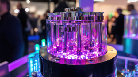 Close-up view of advanced laboratory equipment featuring colorful tubes and vibrant lights. The composition highlights innovative technology in a modern setting.の素材