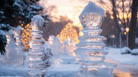 Captivating ice sculptures glow softly in a winter landscape, surrounded by snow and festive lights. This serene outdoor scene captures the beauty of winter.の素材