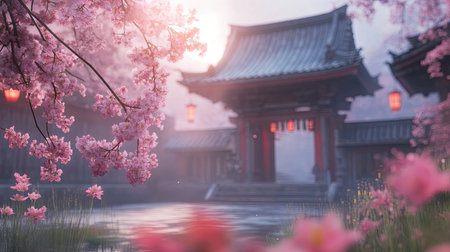 Explore a serene cherry blossom scene featuring traditional Asian architecture amidst soft pink flowers and gentle reflections in water.の素材