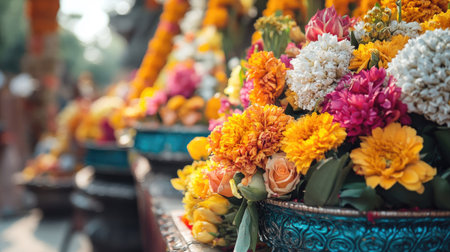 Beautiful and vibrant flower arrangements in decorative baskets, showcasing a variety of blooms. Perfect for celebrations, festivals, and cultural rituals.の素材