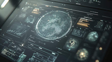 Explore a futuristic data visualization interface showcasing a global map projection, featuring intricate analytics, charts, and graphs for advanced data analysis and monitoring.の素材