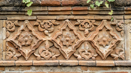 This image captures an intricate terracotta floral relief design adorning a historic wall surface, showcasing detailed craftsmanship and artistic heritage.の素材