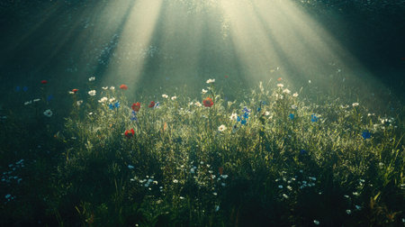 Sunlight beams beautifully illuminate a vibrant meadow filled with colorful wildflowers, creating a serene and tranquil atmosphere. Nature's exquisite beauty shines.の素材
