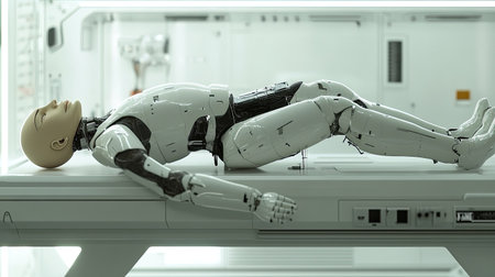 A futuristic android model rests on an examination table in a high-tech lab, showcasing advanced design and engineering in robotics and healthcare innovation.の素材