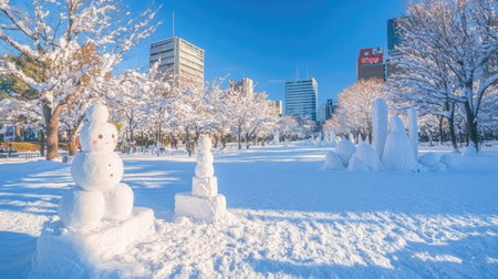 A stunning winter scene featuring snowmen and frosted trees in an urban park. The bright blue sky enhances the serene atmosphere, inviting outdoor fun.の素材