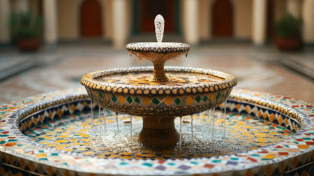 A stunning courtyard fountain featuring intricate tile work and a gentle water flow, evoking a sense of tranquility and elegance in an outdoor setting.の素材