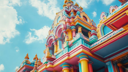 This image showcases the vibrant architecture of a Hindu temple, adorned with intricate colors and designs, set against a bright sky, reflecting cultural heritage and spirituality.の素材