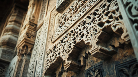 Captivating close-up of intricate stone carvings showcasing the artistry and craftsmanship in ancient architecture. The warm lighting highlights the beautiful textures.の素材