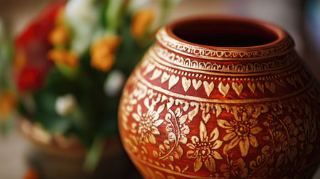 A beautifully crafted decorative pottery showcasing intricate floral patterns. The warm colors and unique design make it a perfect accent for home decor.の素材