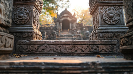 Captivating view of ancient stone steps leading to historical temple ruins, bathed in warm sunlight. Perfect for travel, history, and architecture themes.の素材