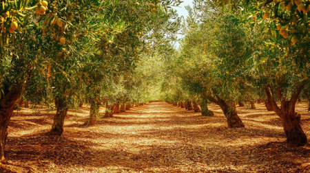 A serene view of an olive grove featuring lush green trees and golden leaves under bright sunlight. The peaceful landscape evokes a sense of tranquility and natural beauty.の素材