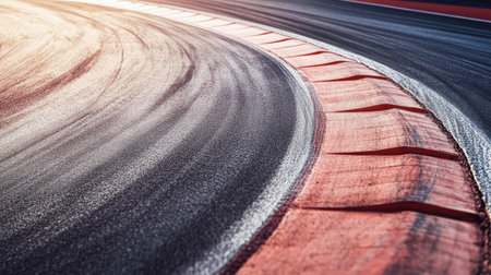 Close-up view of a racing track curve showing tire marks and red barrier. The wet asphalt reflects light, creating a dramatic and dynamic racing atmosphere.の素材
