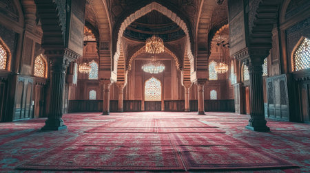 Discover the captivating interior of a grand traditional hall showcasing exquisite wooden architecture and elegant chandeliers. The vibrant carpet creates a warm ambiance, inviting visitors to experience its beauty and serenity.の素材