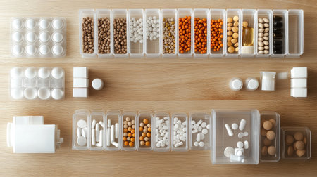 Assorted dietary supplements in pill organizers on a light wooden table, emphasizing simplicity with copy space.の素材