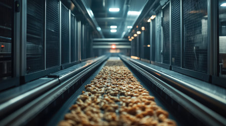 Conveyor belts loaded with raw chicken pieces moving into an automated freezing tunnel. Ample copy space.の素材