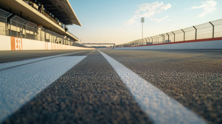A striking low-angle view of a racing track, featuring clear lines on asphalt under a bright sky, perfect for themes of speed, competition, and outdoor sports.の素材