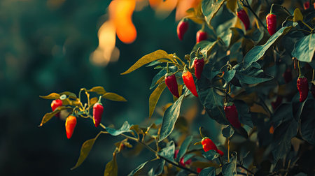 A close-up view of fresh red chili peppers growing on a lush green plant in a garden setting. The vibrant colors enhance the natural beauty of the foliage and the peppers.の素材