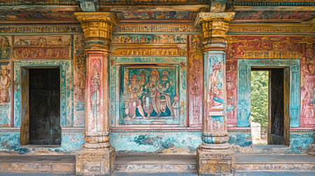 Discover the vibrant beauty of ancient temple walls adorned with colorful paintings that reflect rich cultural heritage and historical artistry.の素材