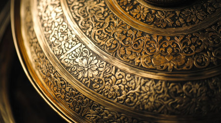 Close-up of an intricately engraved gold surface showcasing detailed patterns and floral designs, reflecting traditional craftsmanship and artistic beauty.の素材