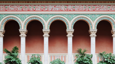This captivating image showcases elegant architectural details featuring classical columns and vibrant greenery, creating a serene and refined atmosphere.の素材