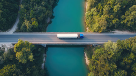 Stunning drone shot of a highway bridge with large trucks over a tranquil river, leaving ample copy space.の素材