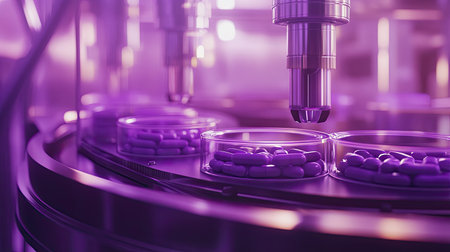 Industrial-grade tablet manufacturing equipment with open containers of pills, leaving room for text.の素材