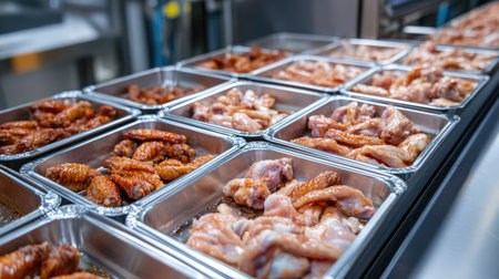 Stainless steel trays filled with neatly arranged raw chicken wings on a conveyor line in a sterile facility.の素材