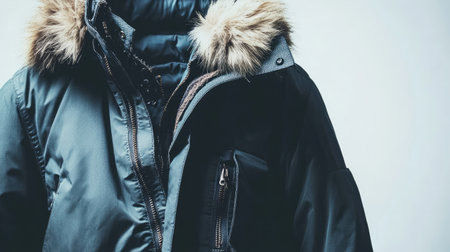 A winter parka with visible details and stitching, displayed on a white backdrop with room for copy space.の素材
