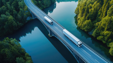 Scenic aerial view of cargo trucks on a bridge road over a serene lake, emphasizing open space for copy.の素材