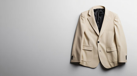 A tailored blazer-style coat placed flat on a white surface with enough blank space for advertising content.の素材
