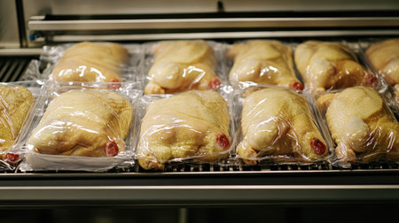 Vacuum-sealed chicken products neatly arranged on a conveyor system in a poultry packaging facility.の素材