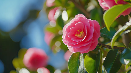 A stunning close-up of a pink camellia flower nestled among lush green leaves. The soft petals contrast beautifully with a blurred background, evoking tranquility.の素材