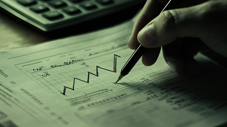A hand holding a pen analyzes a financial chart on a paper document. The image captures the essence of business analysis, focusing on investment growth and financial performance.の素材