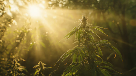 Captivating image of cannabis plants illuminated by soft sunlight in a serene natural setting. The sunlight creates a tranquil atmosphere, showcasing growth and organic beauty.の素材