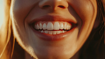A close-up portrait of a smiling woman showcasing her bright, white teeth under warm sunset light. The image conveys happiness and positivity, capturing a joyful moment.の素材