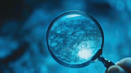 A close-up of a magnifying glass held over an abstract blue background. The image features unique textures, bubbles, and light reflections, inviting curiosity.の素材