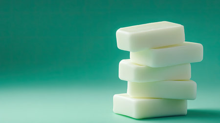 A serene image featuring four white soap bars stacked neatly against a light green background, emphasizing cleanliness and minimalism, perfect for wellness themes.の素材