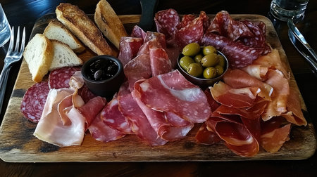 A visually appealing assortment of cured meats arranged on a wooden board, featuring ham, salami, and olives, perfect for sharing at gatherings.の素材