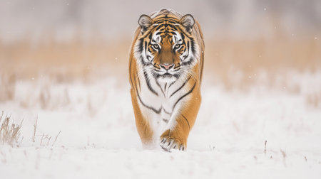 A stunning image of a majestic tiger walking gracefully through a snowy landscape, showcasing its beautiful fur and powerful presence in a winter environment.の素材