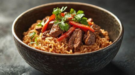 A vibrant bowl of beef and rice topped with fresh herbs, red peppers, and cilantro. This colorful dish offers a savory blend of flavors and textures.の素材