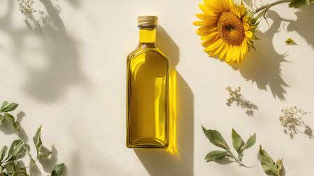 A bright glass bottle filled with golden oil rests on a light surface, surrounded by vibrant sunflowers and fresh herbs, evoking feelings of health and nature.の素材