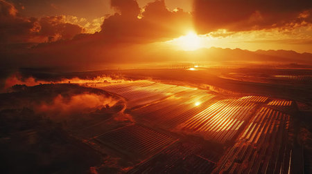 Witness a breathtaking golden sunrise illuminating expansive agricultural fields. The tranquil landscape is framed by distant mountains and dramatic clouds, creating a serene atmosphere.の素材