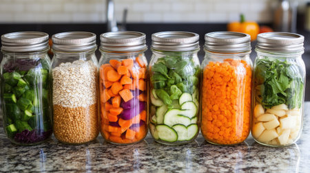 A fresh display of colorful jars filled with chopped vegetables and grains showcasing a healthy kitchen. Ideal for meal prep and cooking inspiration.の素材