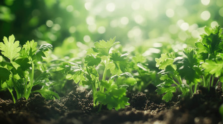 A lush bed of parsley growing in rich soil, with bright green leaves swaying in the breeze. Organic freshnessの素材