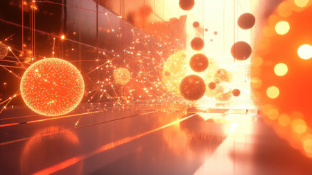 3D-rendered abstract structure of connected glowing spheres in a cyber-inspired settingの素材