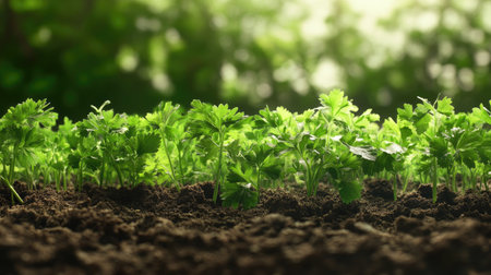 A lush bed of parsley growing in rich soil, with bright green leaves swaying in the breeze. Organic freshnessの素材