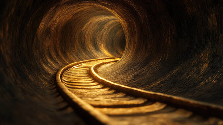 A winding railway track illuminated by soft golden light, disappearing into a dark tunnelの素材
