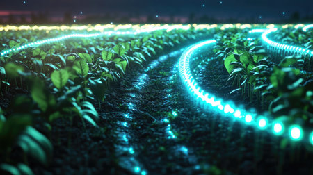 Enchanting view of a lively green field under the night sky, featuring illuminated pathways that enhance the agricultural landscape and evoke a sense of innovation.の素材